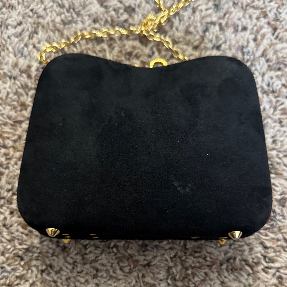 Inge Christopher Black Suede Evening Crossbody Bag with Gold Chain